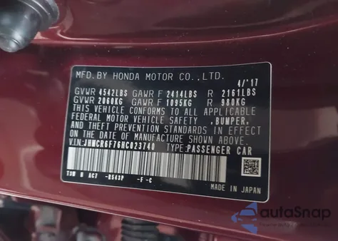 2017 Honda Accord Hybrid Touring from USA, damaged, VIN JHMCR6F76HC023740